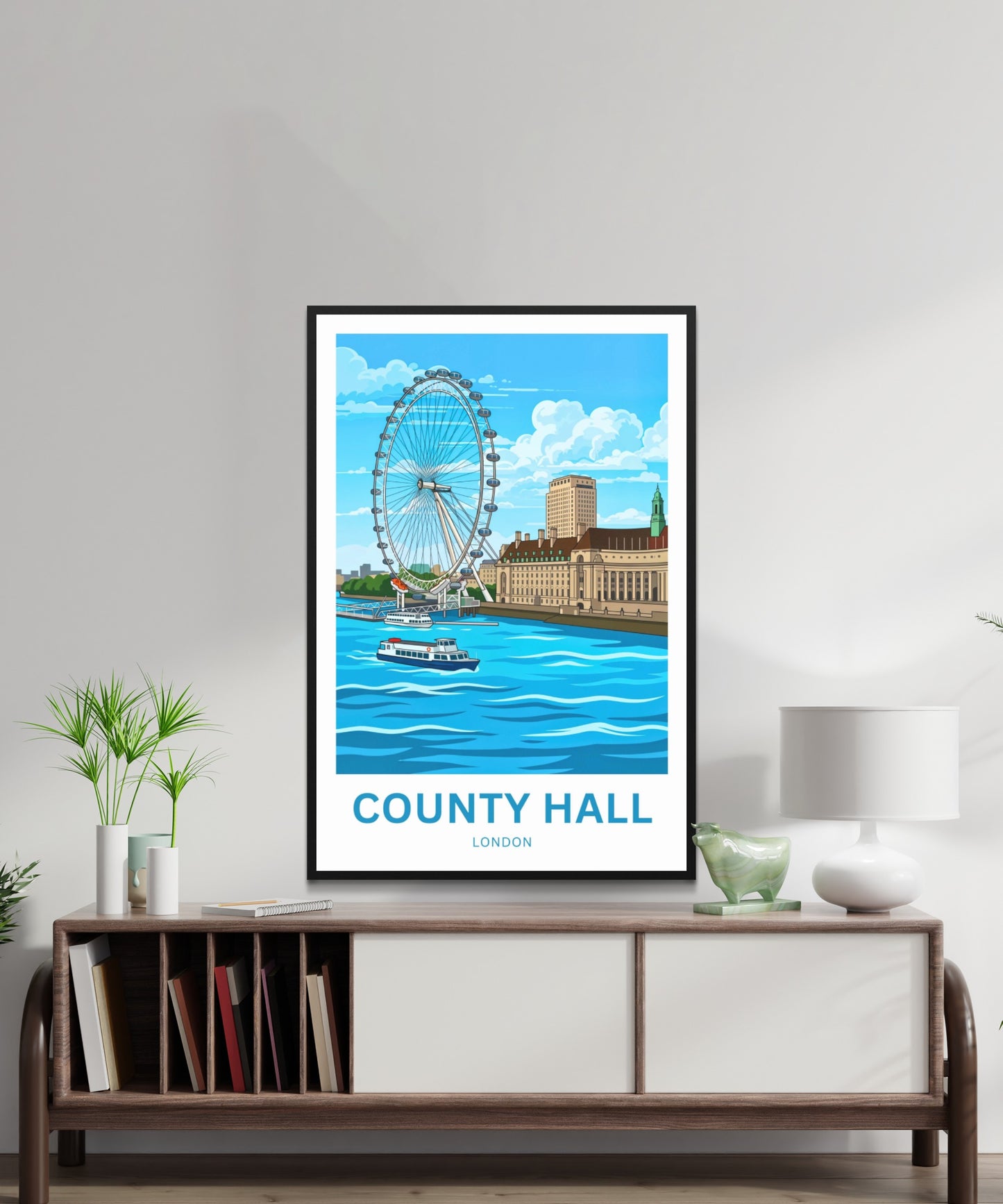 County Hall and London Eye Travel Poster - Waterfront
