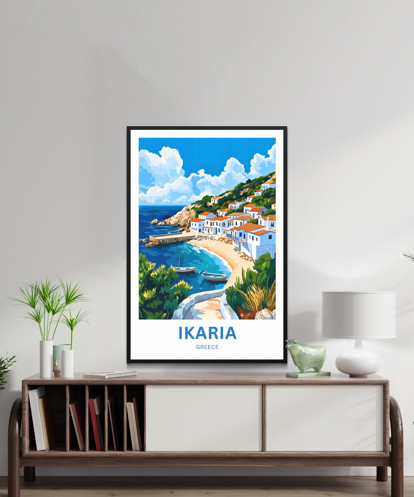 Ikaria Beach Travel Poster - Whitewashed houses Coastal Life