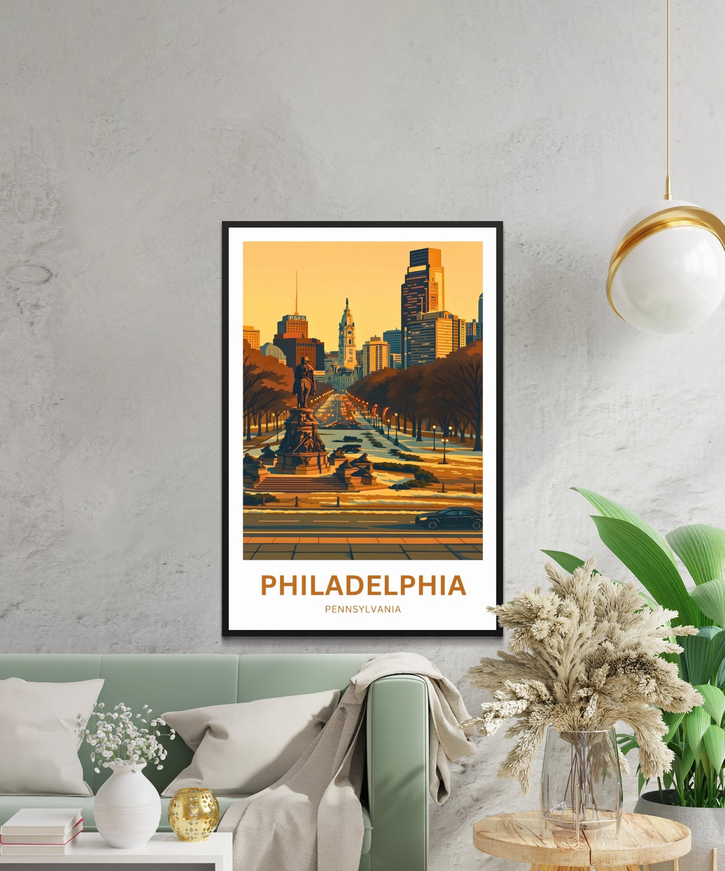 Philadelphia Travel Poster - Sunset View City in Pennsylvania from Rocky Step