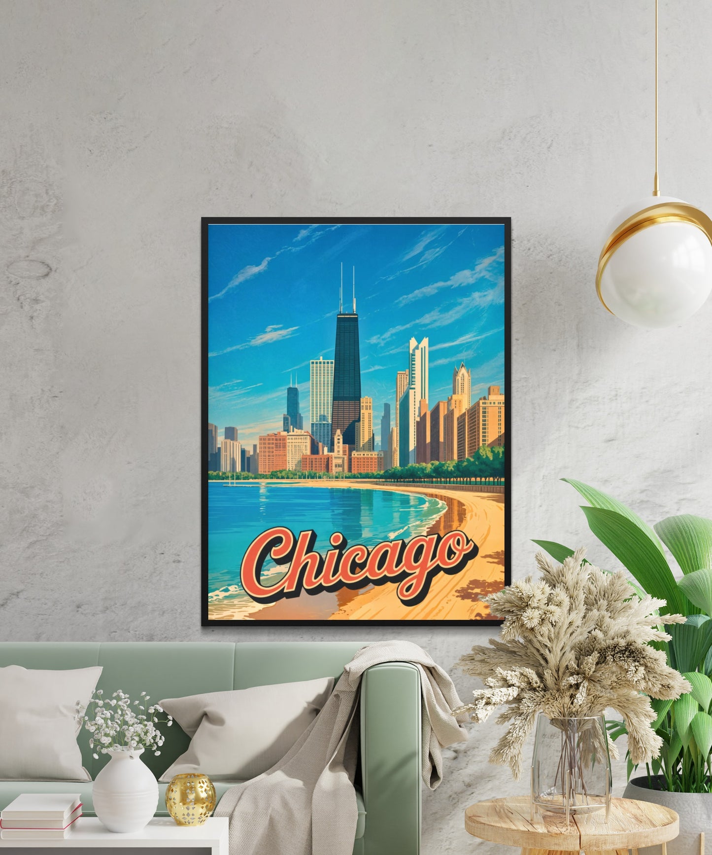 Chicago Vintage Travel Poster - Captivating Skyline view by the beach