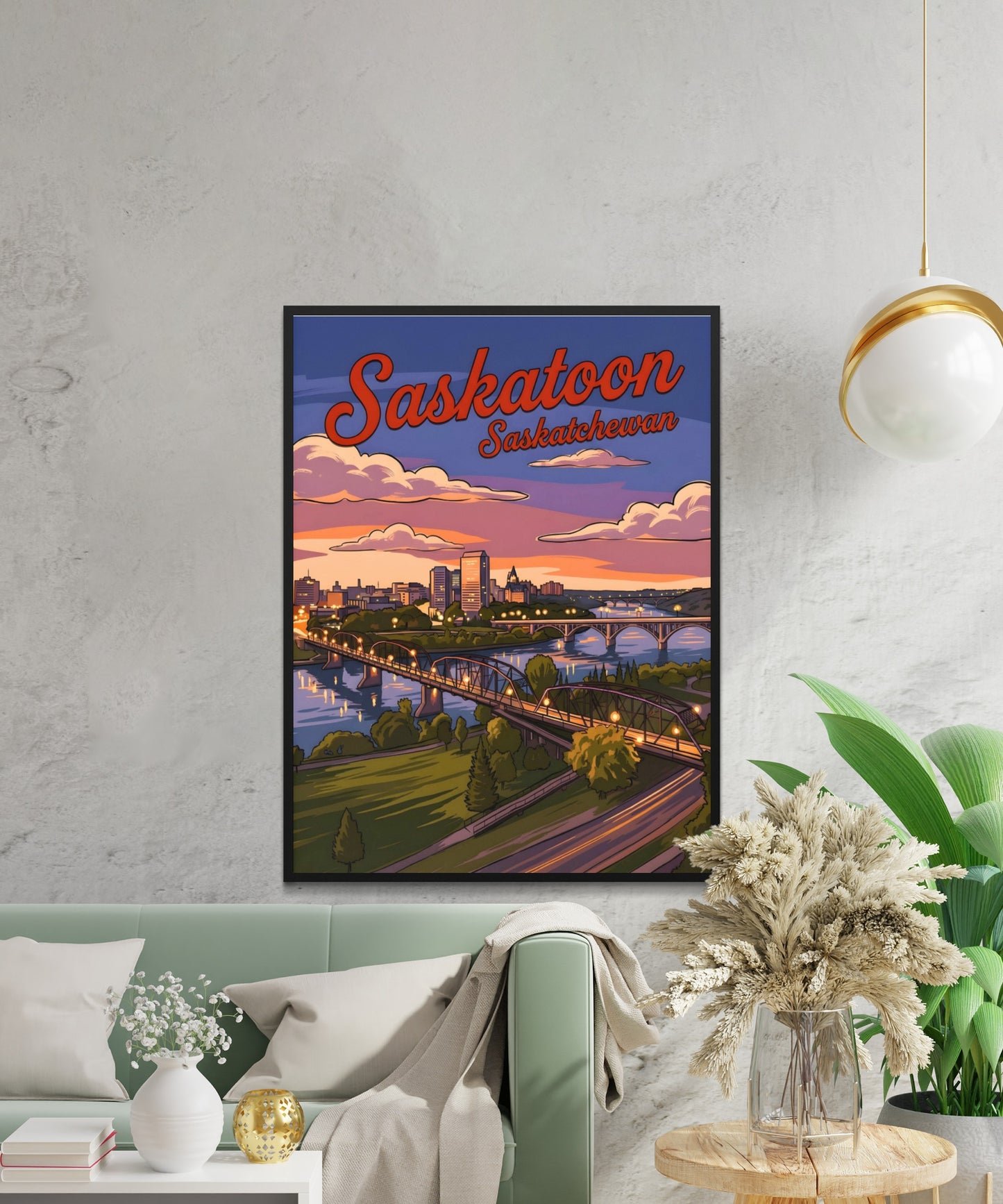 Saskatoon Vintage Travel Poster - Downtown Evening View