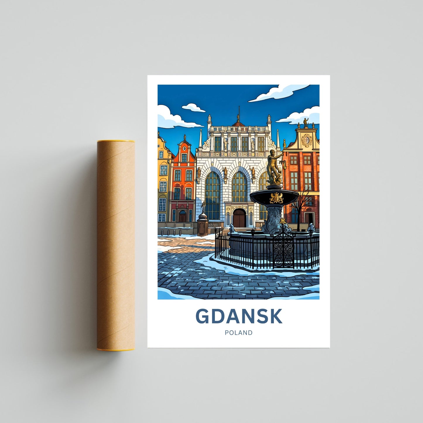 Gdańsk Travel Poster - Fountain Square Splendor