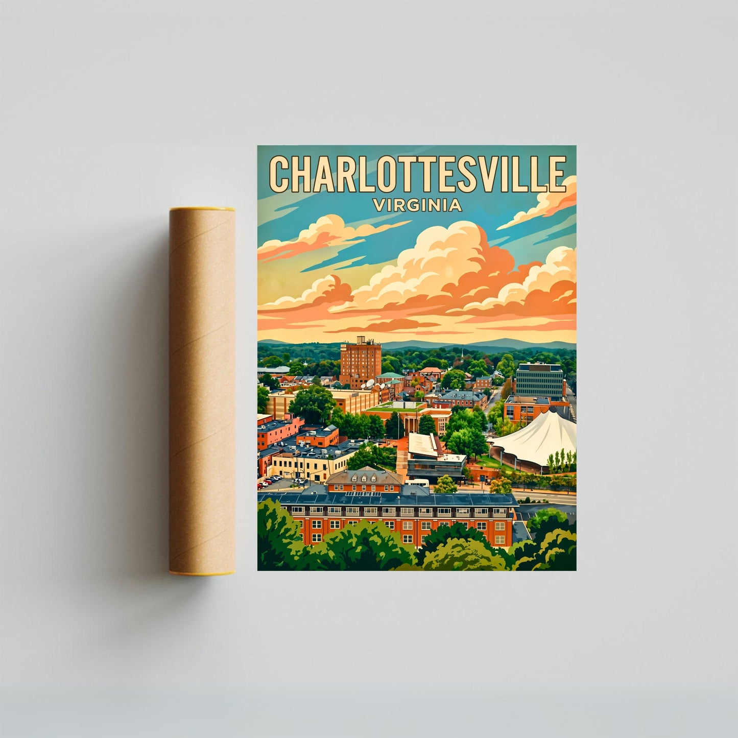 Charlottesville Skyline Vintage Travel Poster