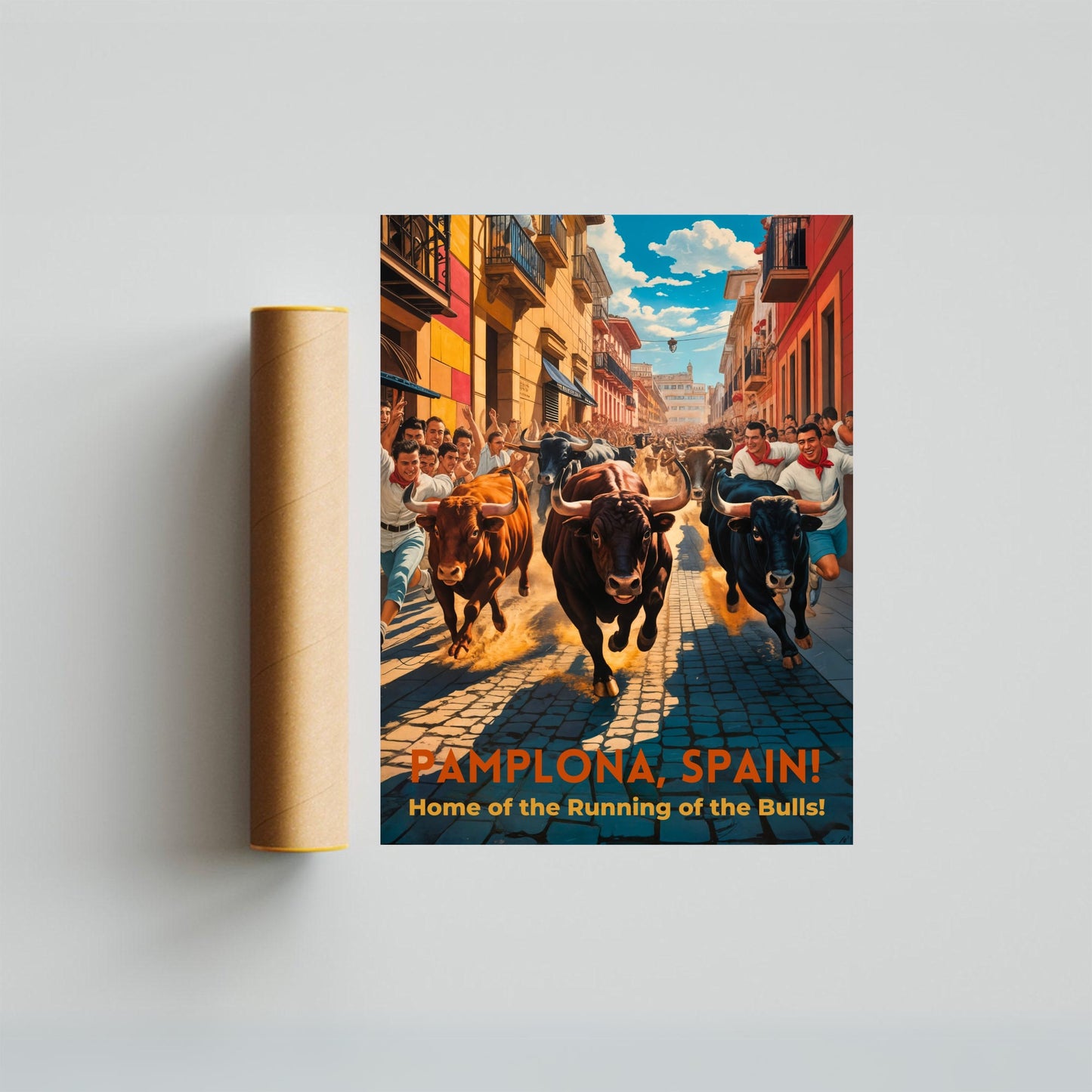 Pamplona Vintage Travel Poster - Captivaing Running Bulls