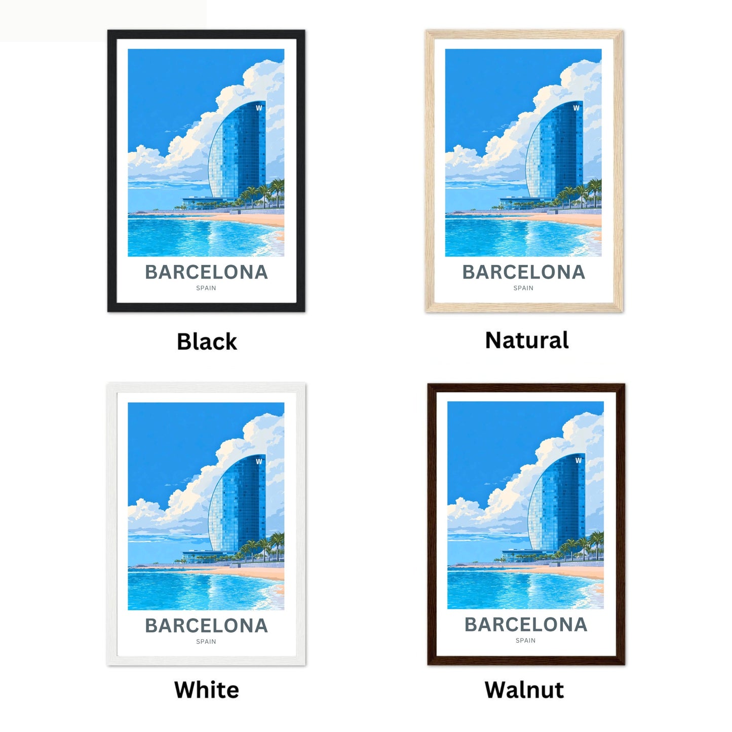 Barcelona Travel Poster - Glass Tower by the Beach