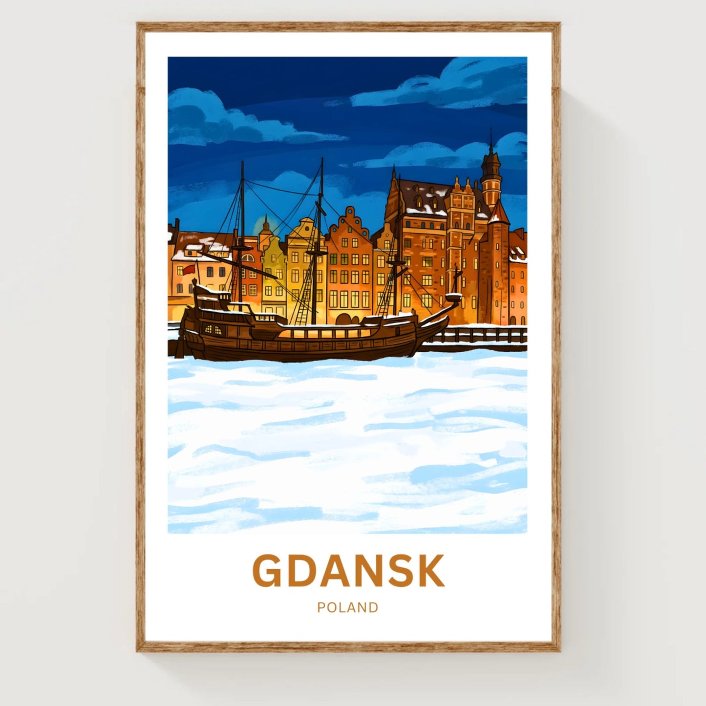 Gdańsk Travel Poster - Twilight Over The Frozen Old Port