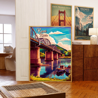 Kwai River Vintage Travel Poster -Kanchanaburi River Bridge