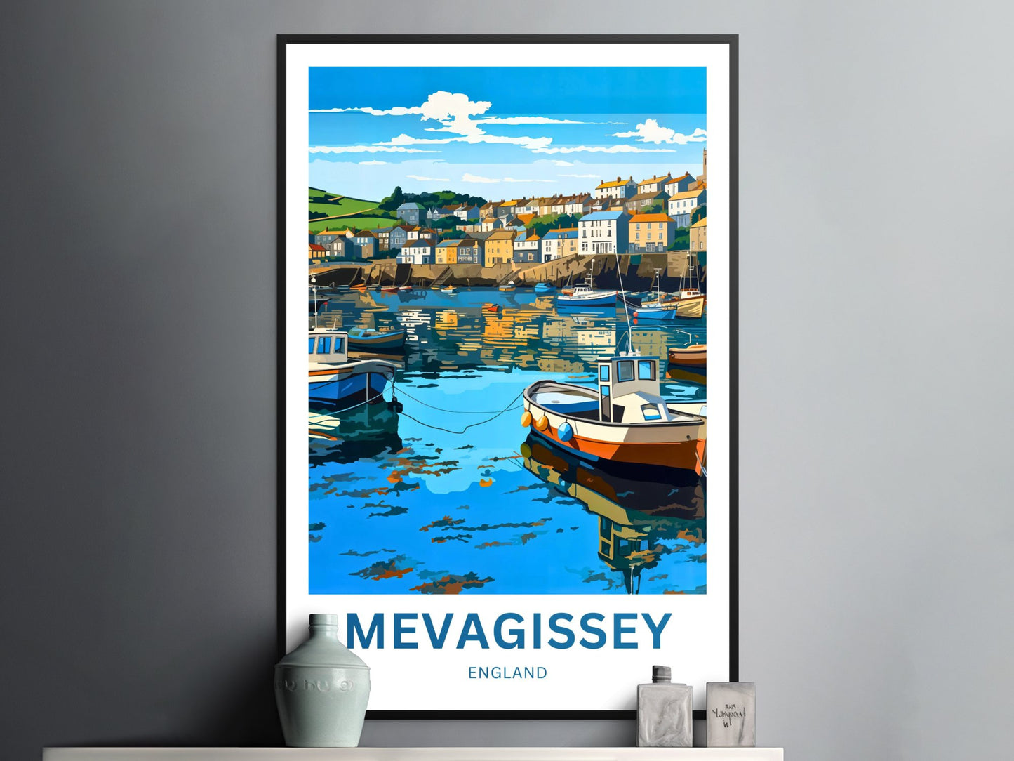 Mevagissey Travel Poster- Fishing Harbor and  Village