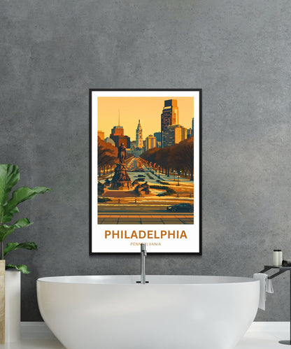 Philadelphia Travel Poster - Sunset View City in Pennsylvania from Rocky Step