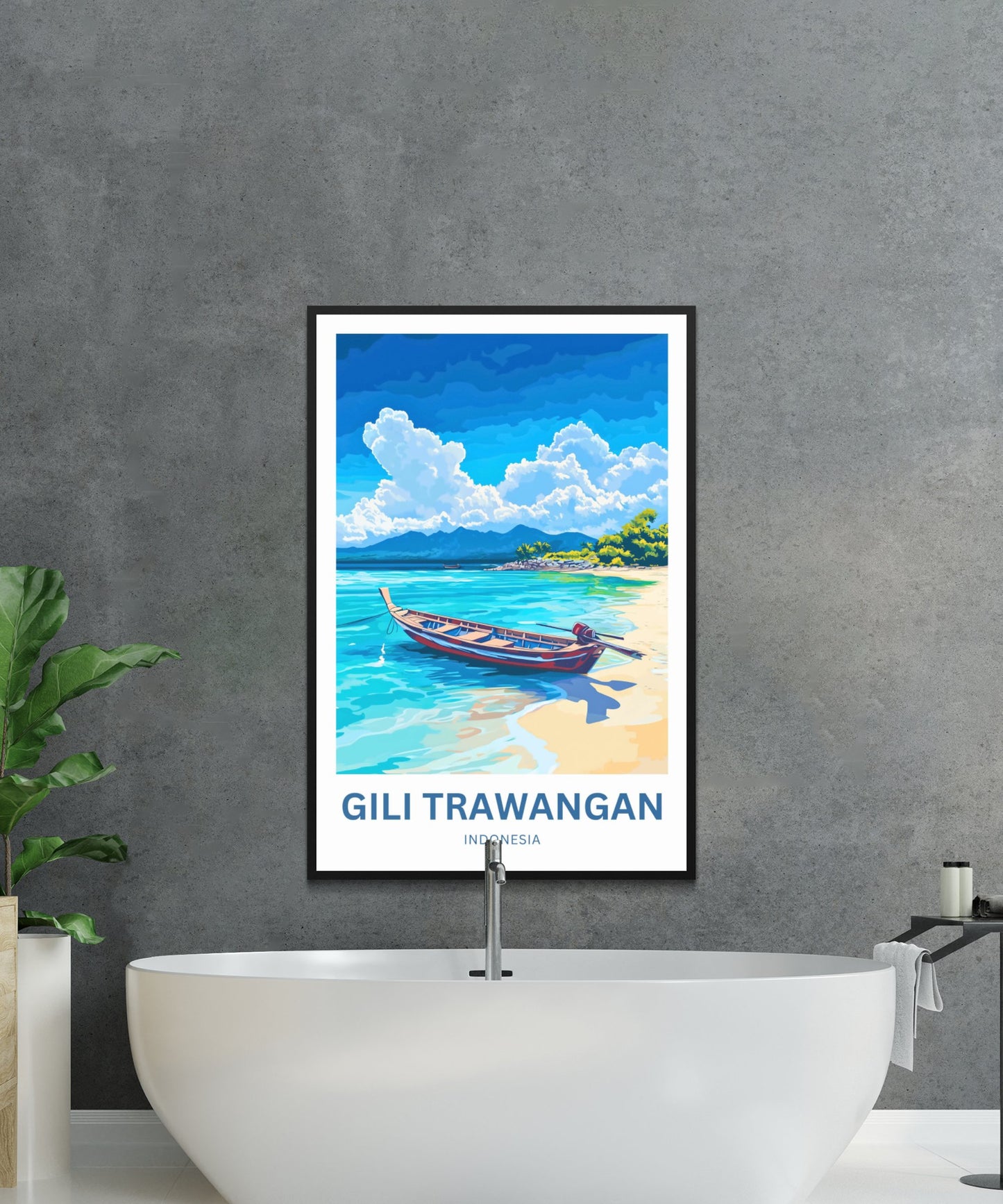 Gili Trawangan Travel Poster- Indonesia  White Sands Shore and  Blue Horizons