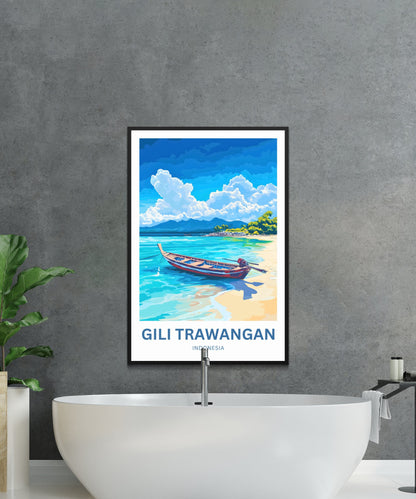 Gili Trawangan Travel Poster- Indonesia  White Sands Shore and  Blue Horizons