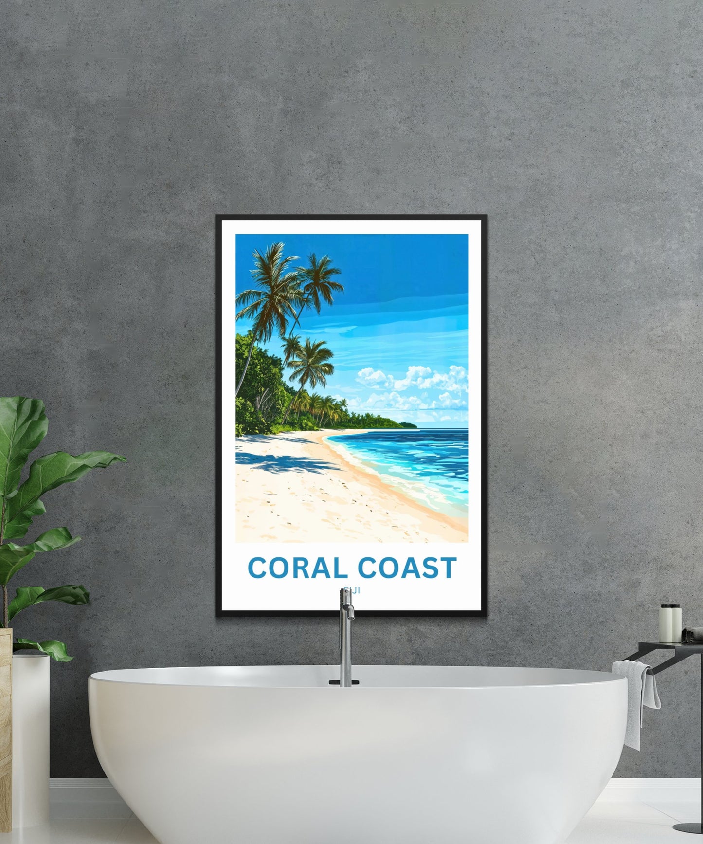 Coral Coast, Fiji Travel Poster - Stunning view of Island Palm Trees Scene