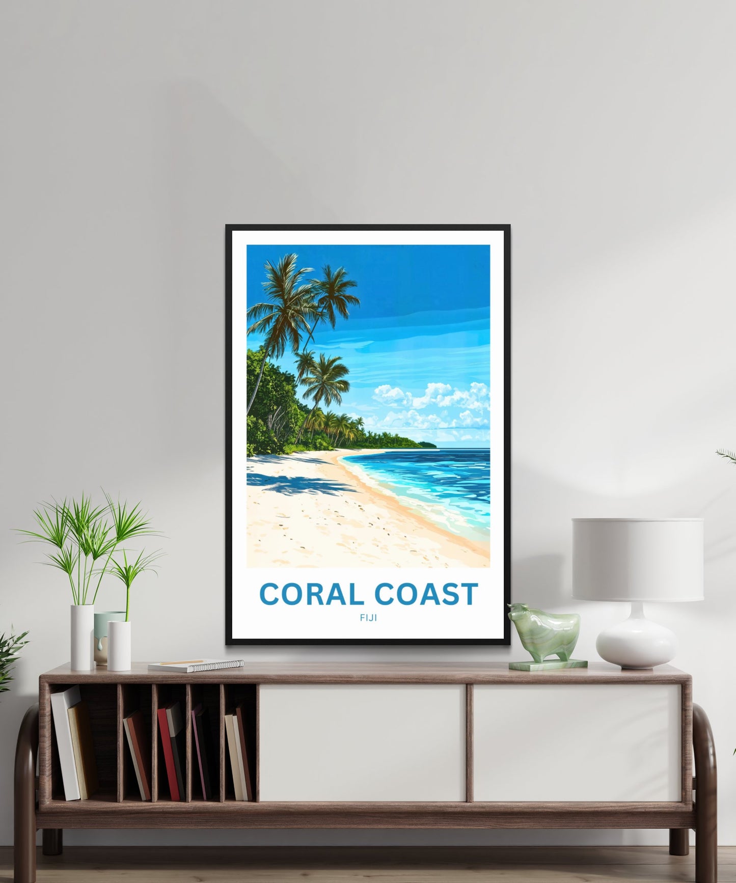 Coral Coast, Fiji Travel Poster - Stunning view of Island Palm Trees Scene