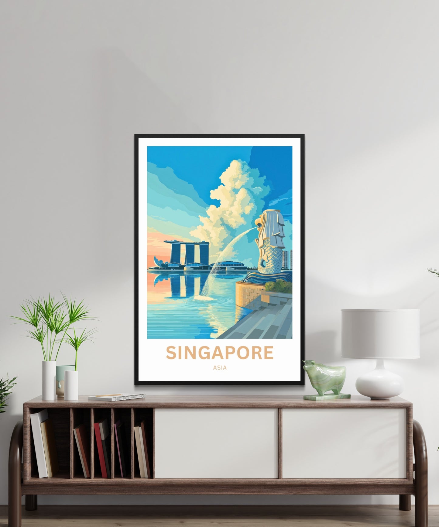 Singapore Travel Poster - Skyline & The Guardian of the Bay