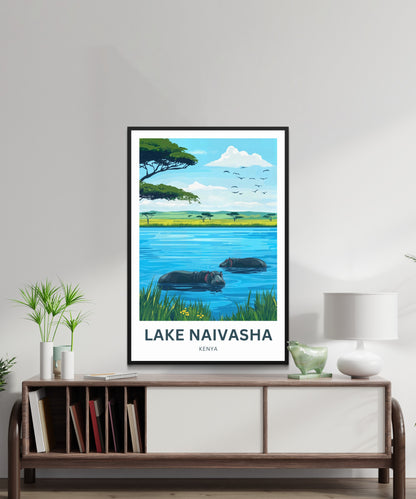 Lake Naivasha Travel Poster - Captivating Birds and Hippos
