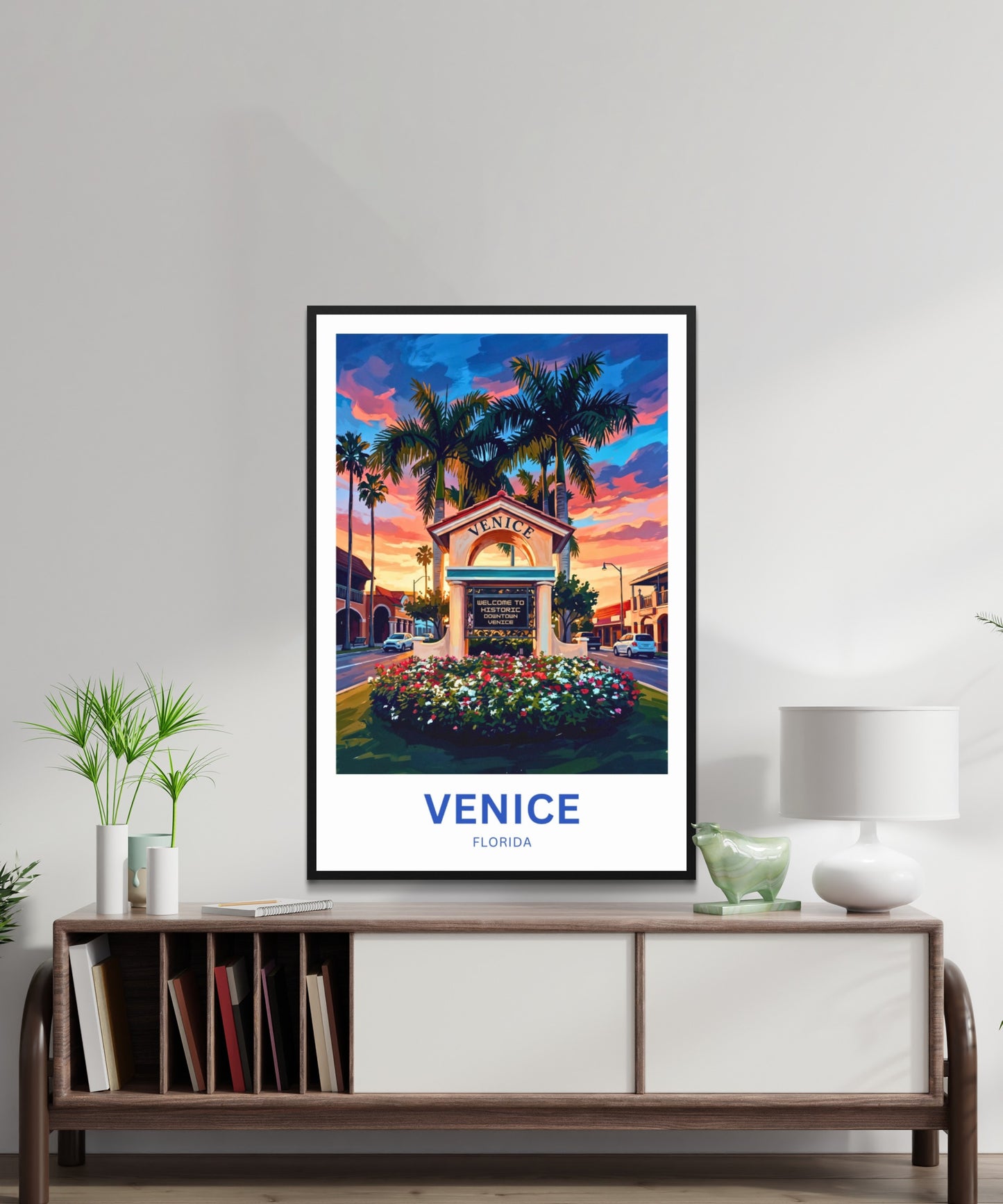 Venice, Florida Travel Poster - Evening Downtown Landmark