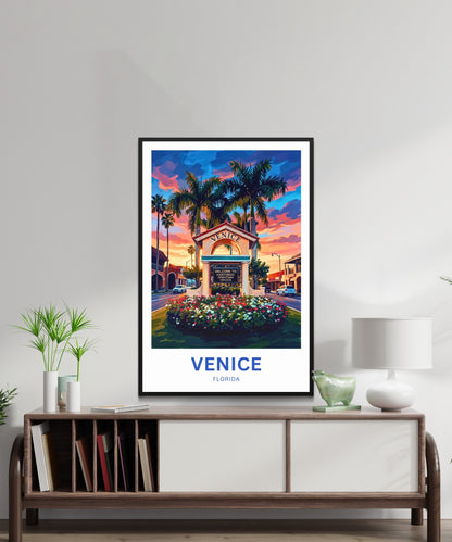 Venice, Florida Travel Poster - Evening Downtown Landmark