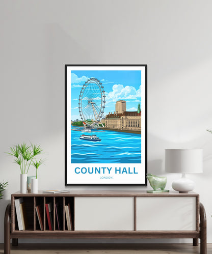 County Hall and London Eye Travel Poster - Waterfront