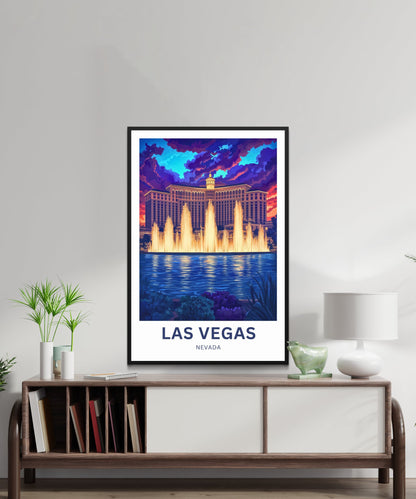 Las Vegas Travel Poster - Captivating Evening View of Bellagio fountains Nevada