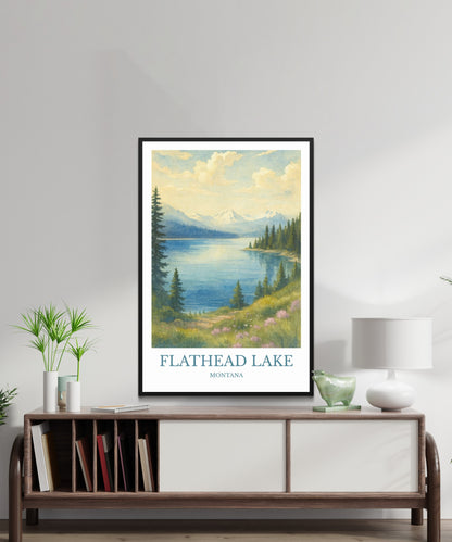 Flathead Lake, Watercolor design poster, Montana Print, Flathead Lake Wall Art