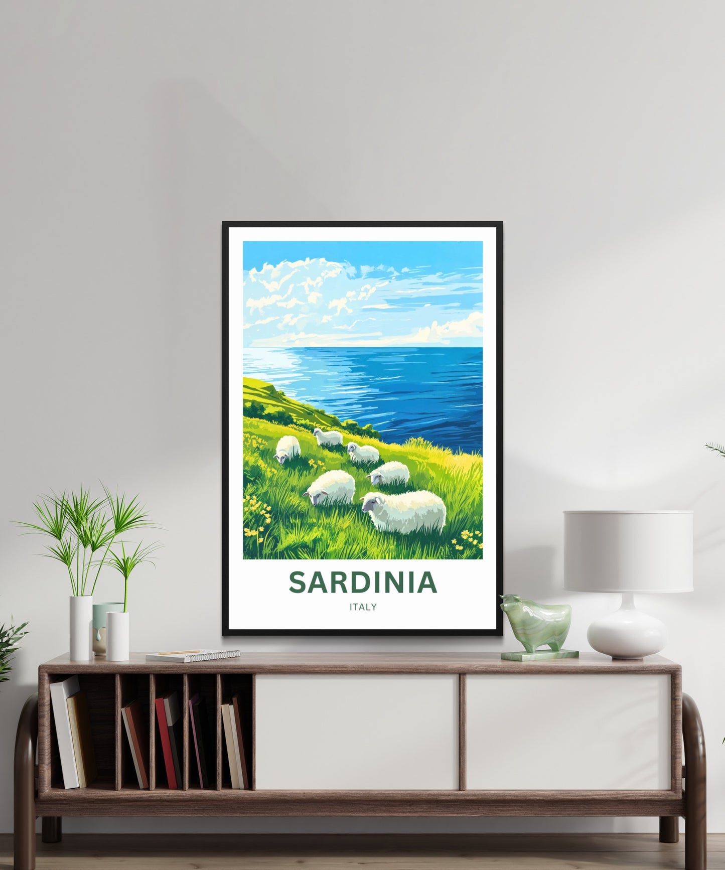 Sardinia Travel Poster - Sardinian Hill and sheeps