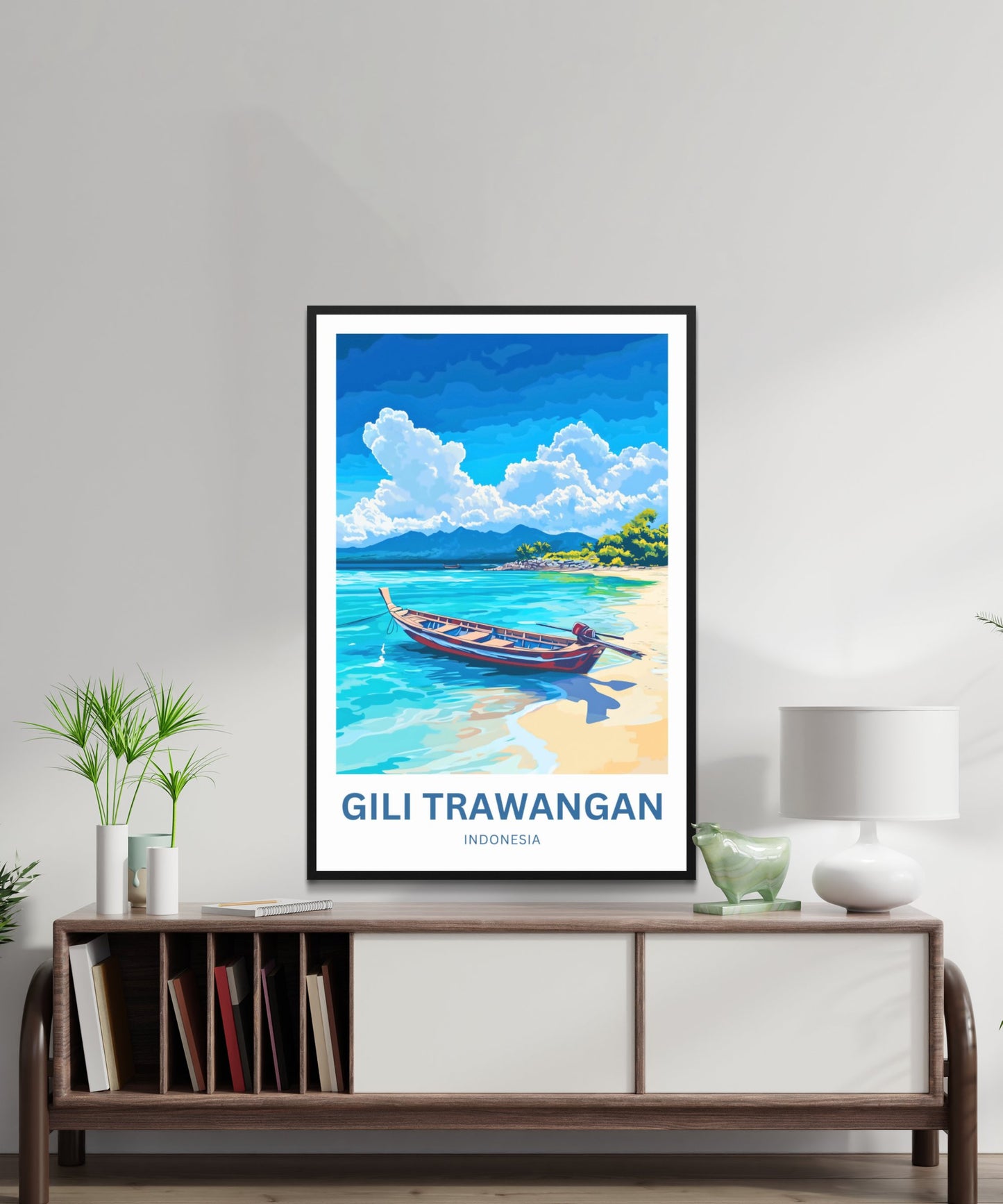 Gili Trawangan Travel Poster- Indonesia  White Sands Shore and  Blue Horizons
