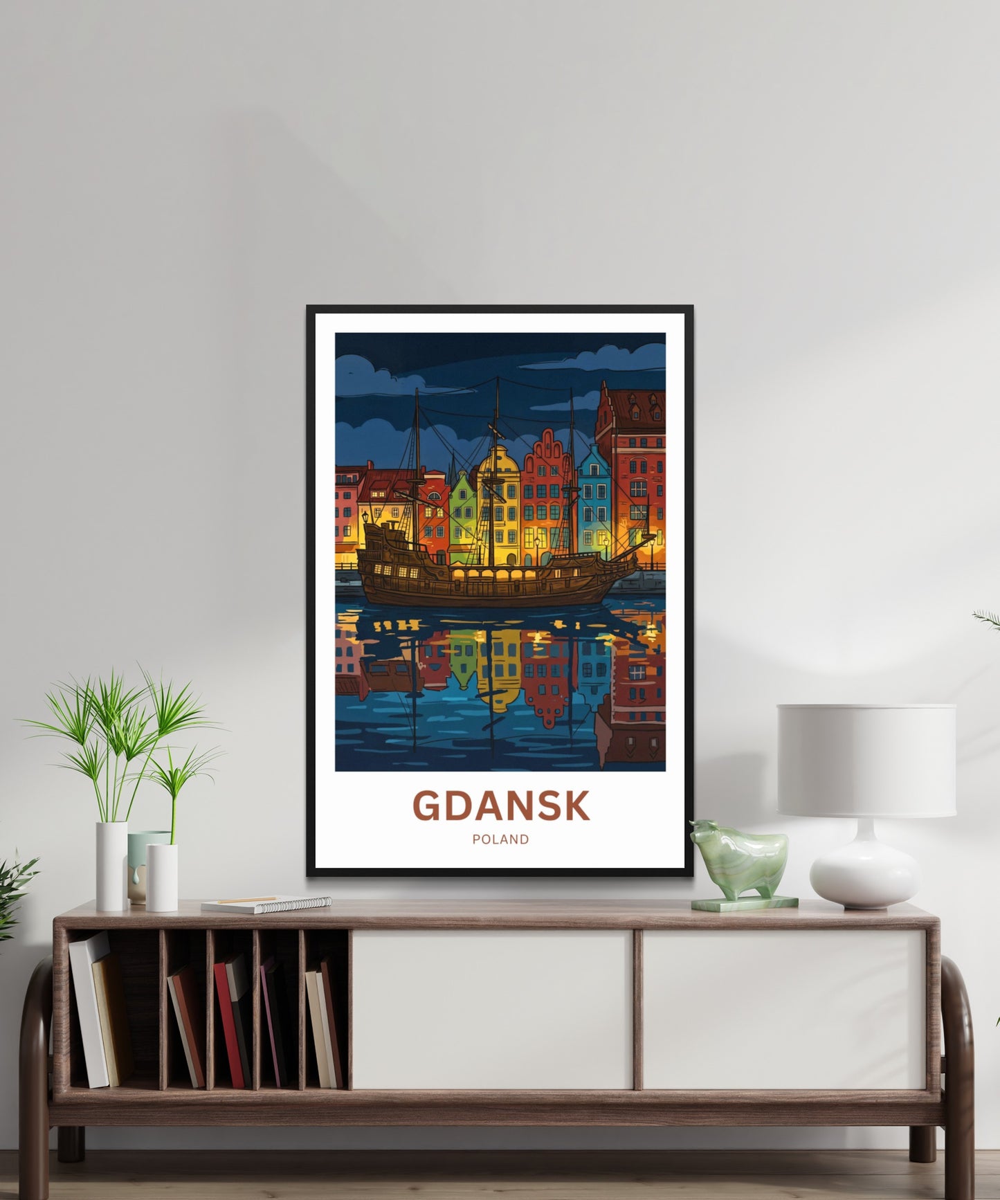 Gdańsk  Travel Poster - Harbor lights at midnight