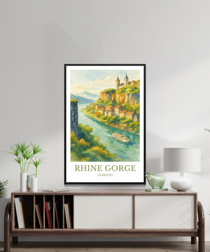 Rhine Gorge, Watercolor design poster, Germany Print, Rhine Gorge Wall Art