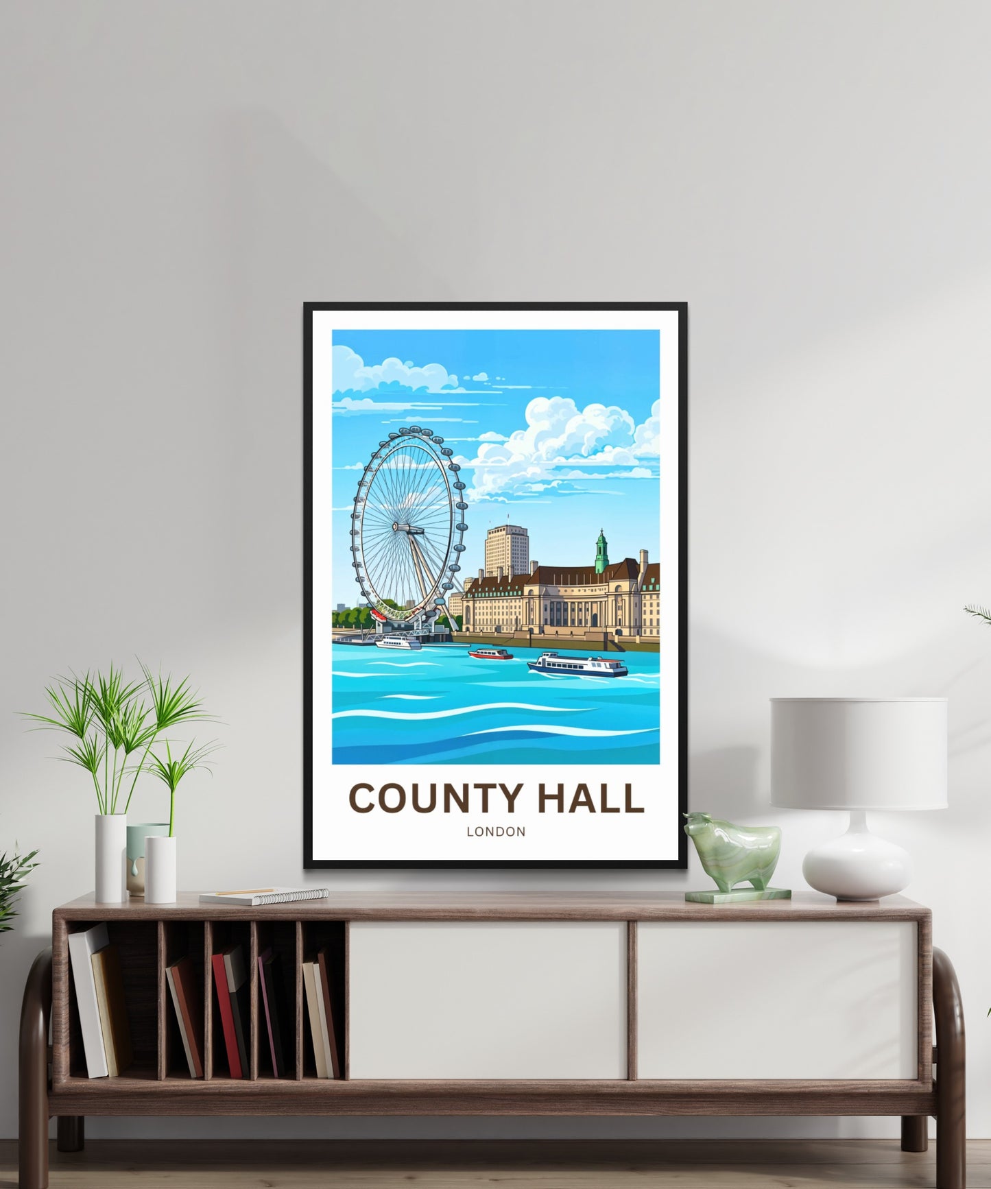 County Hall and the iconic London Eye Travel Poster