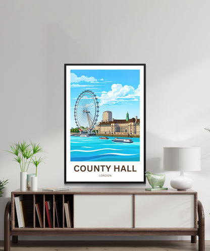 County Hall and the iconic London Eye Travel Poster