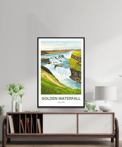 Golden Waterfall Travel Poster - Captivating Iconic Falls of Iceland
