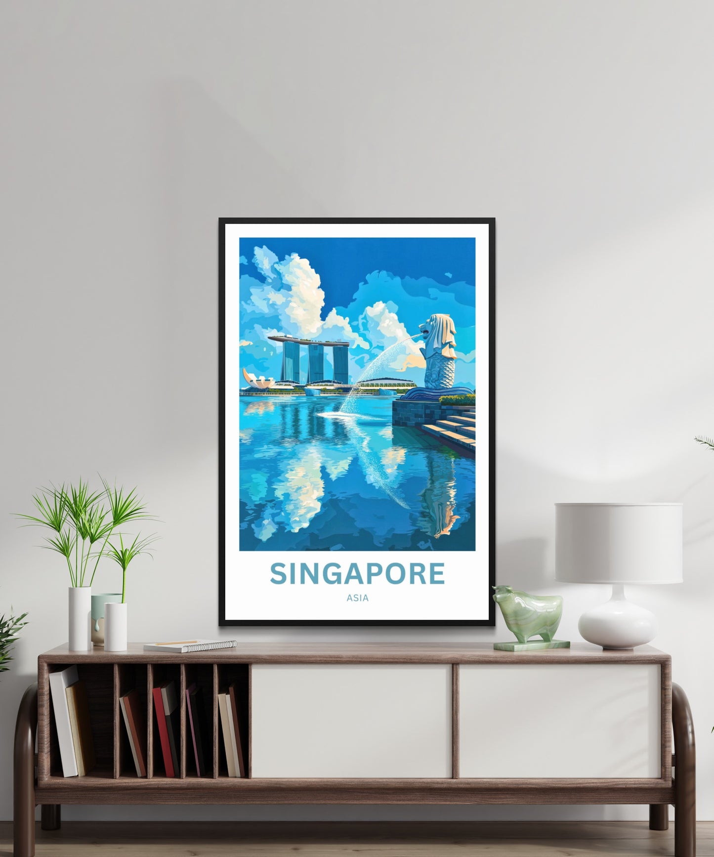 Singapore Travel Poster - Captivating View of  Watchful Merlion