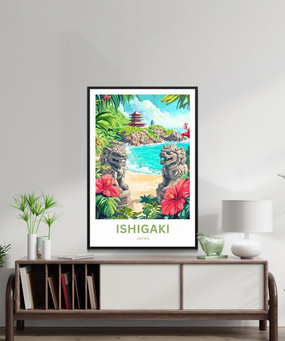 Ishigaki Travel Poster - Twin Shisa by the Sea