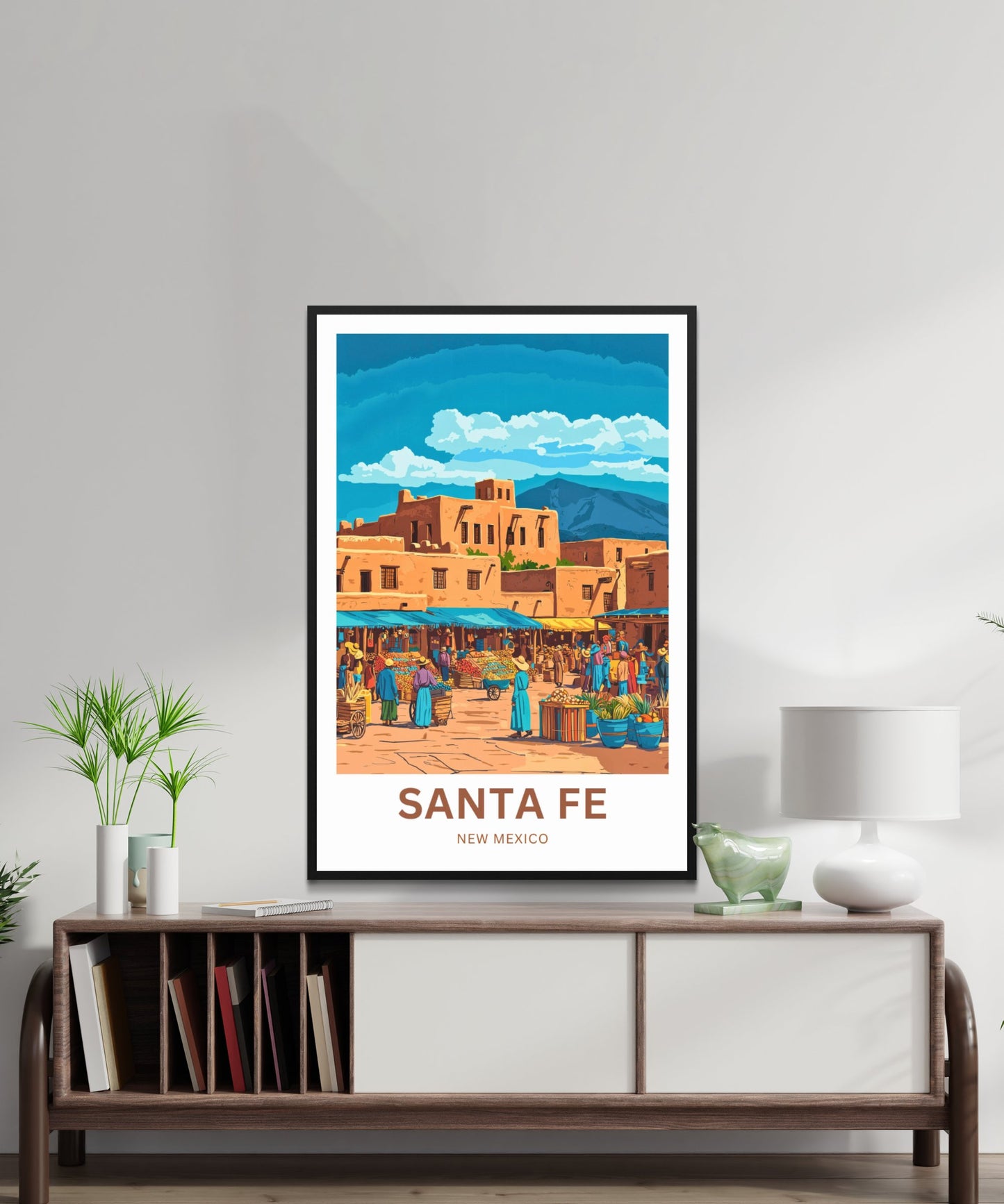 Santa Fe Travel Poster - Bustling Market in New Mexico