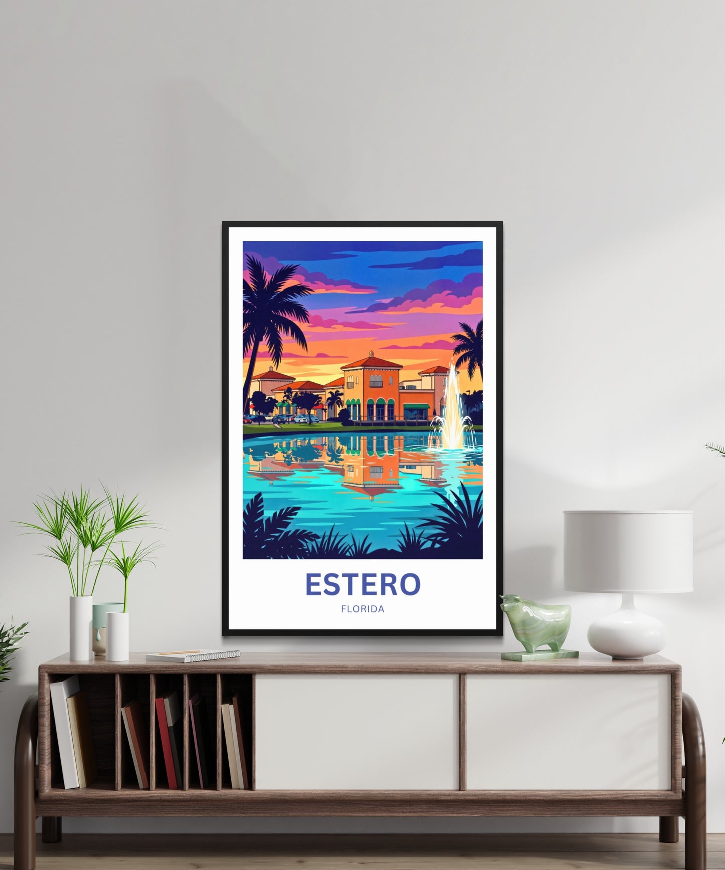 Estero Travel Poster - Palm Silhouette Evening