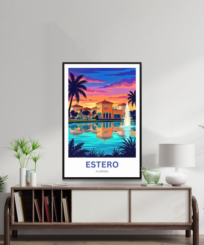 Estero Travel Poster - Palm Silhouette Evening