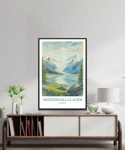 Mendenhall Glacier, Watercolor design poster, Alaska Print, Mendenhall Glacier Wall Art