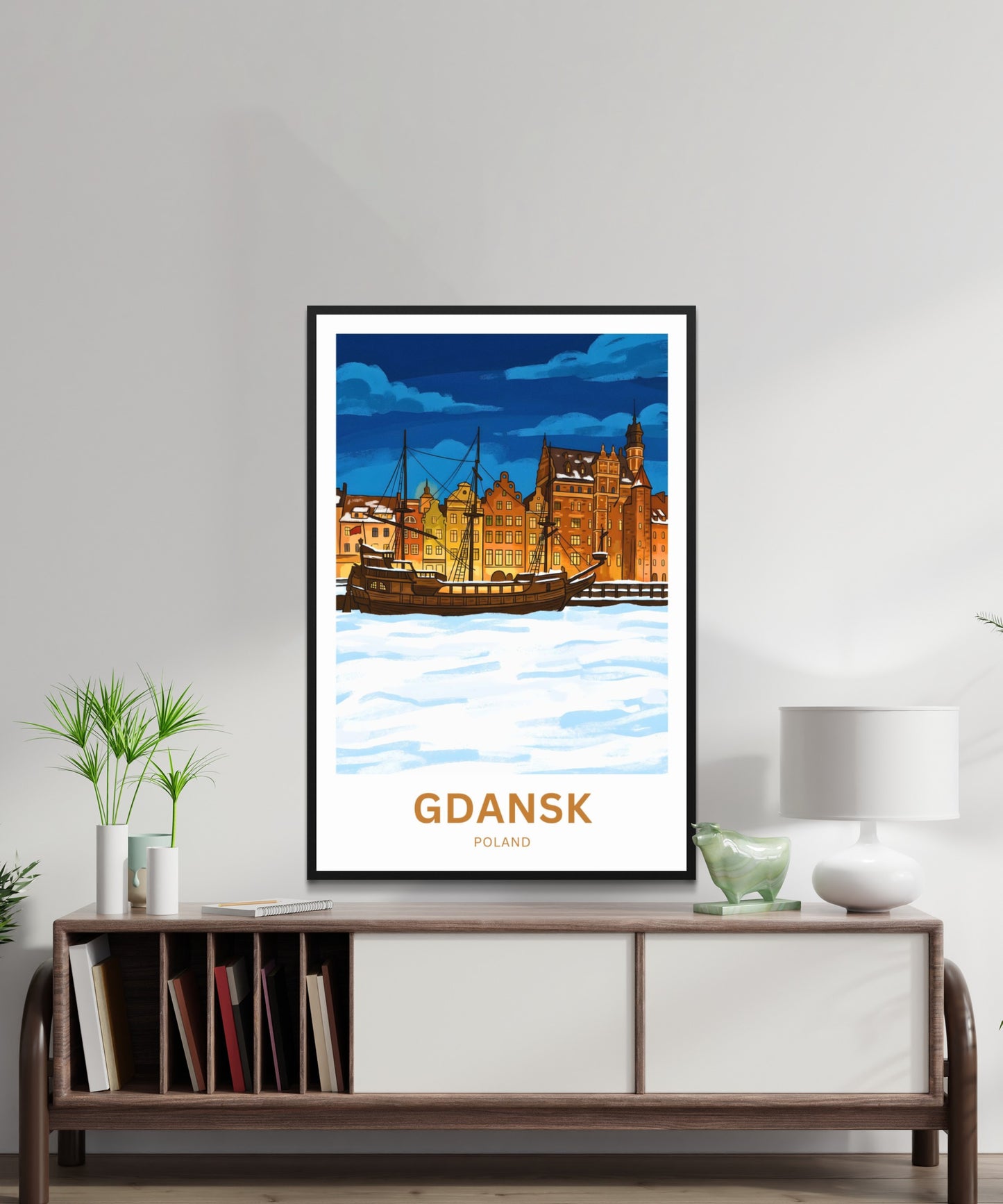 Gdańsk  Travel Poster - Twilight Over The Frozen Old Port