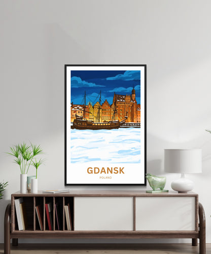 Gdańsk  Travel Poster - Twilight Over The Frozen Old Port