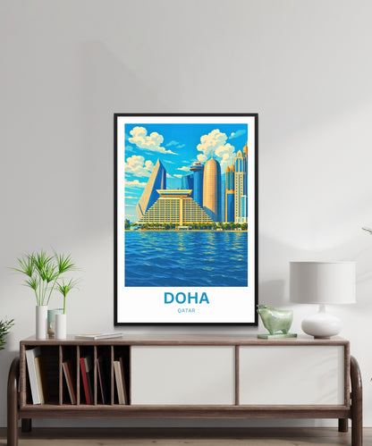 Doha Qatar Travel Poster - Iconic Sheraton Grand Doha and Skyscrapers