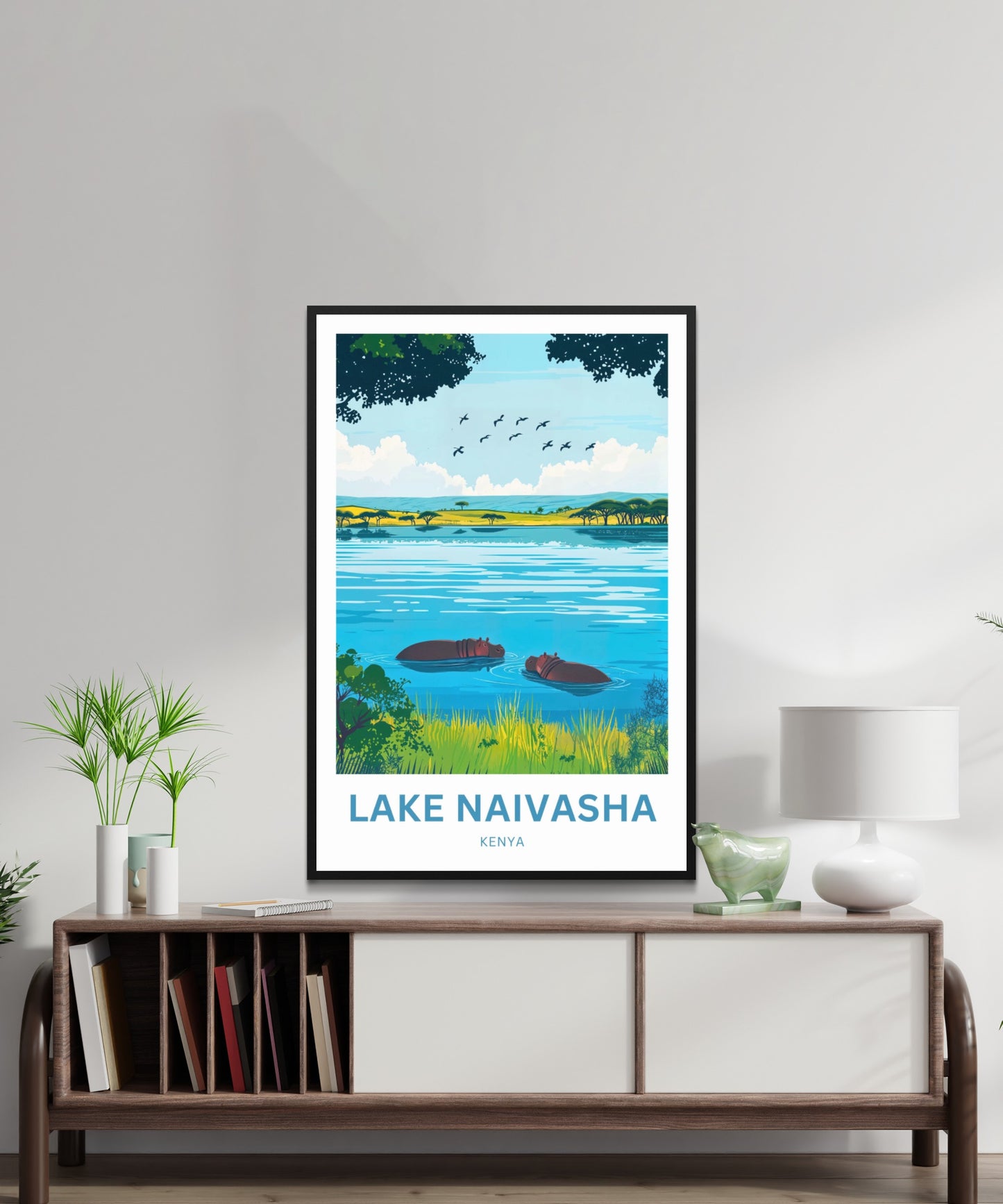Lake Naivasha Travel Poster - Kenya Charming Lake with Birds and Hippos