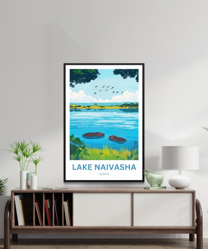 Lake Naivasha Travel Poster - Kenya Charming Lake with Birds and Hippos