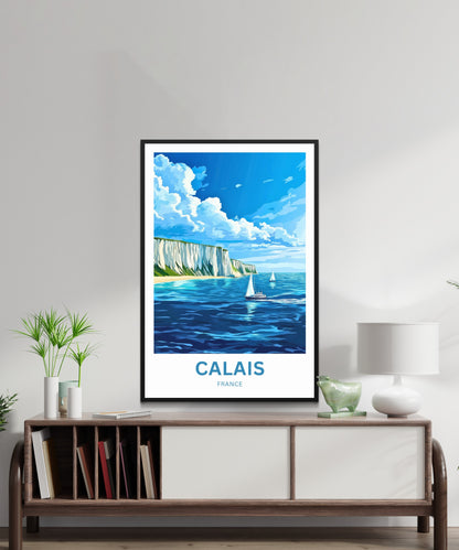 Calais Travel Poster - Captivating White Cliffs and boats