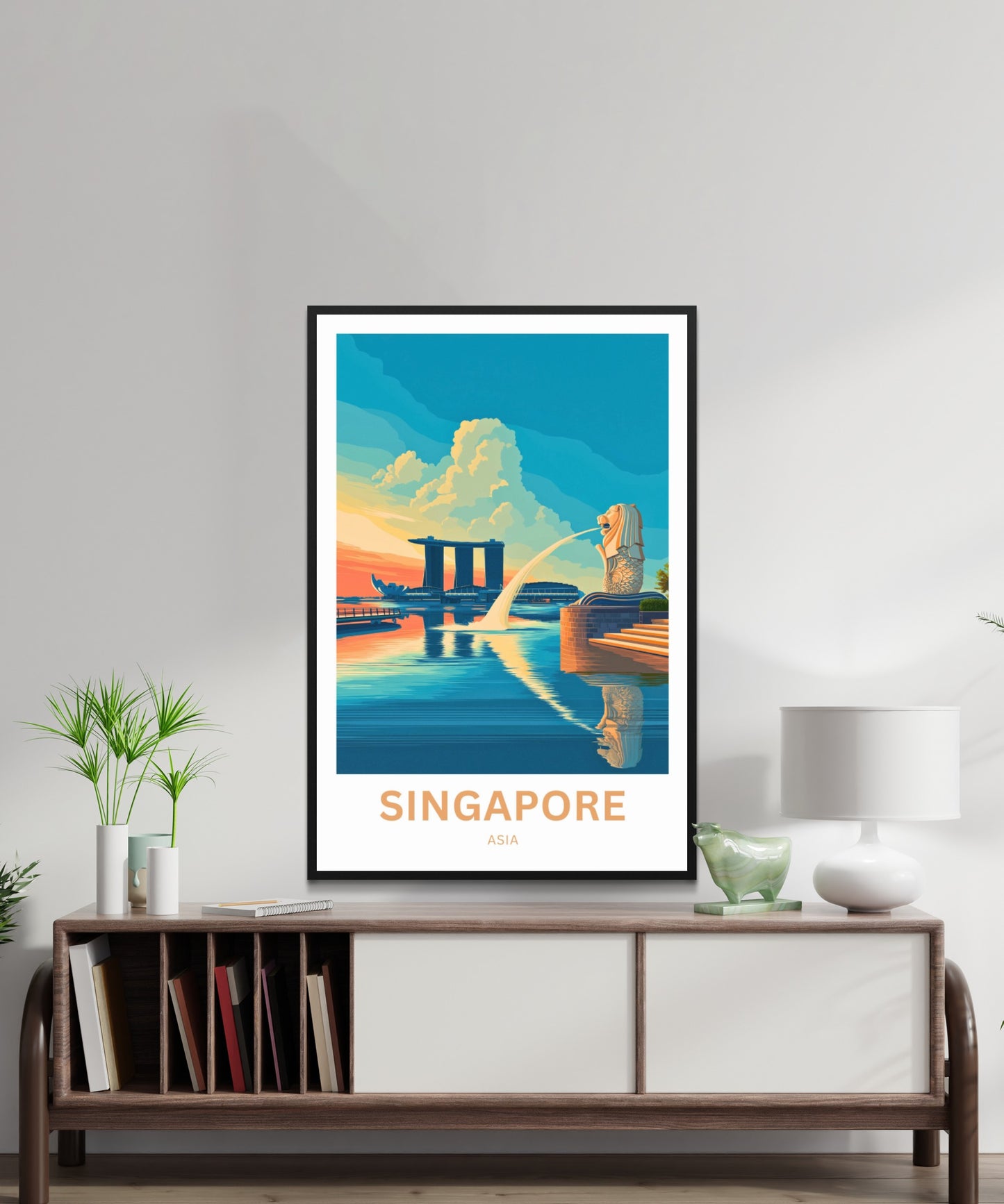 Singapore Travel Poster - Captivating Merlion VIew and Marina Bay