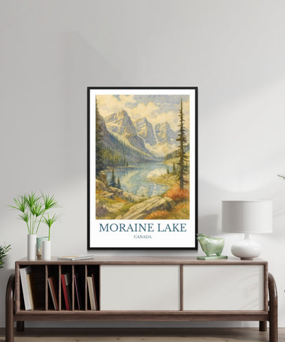 Moraine Lake, Watercolor design poster, Canada Print, Moraine Lake Wall Art