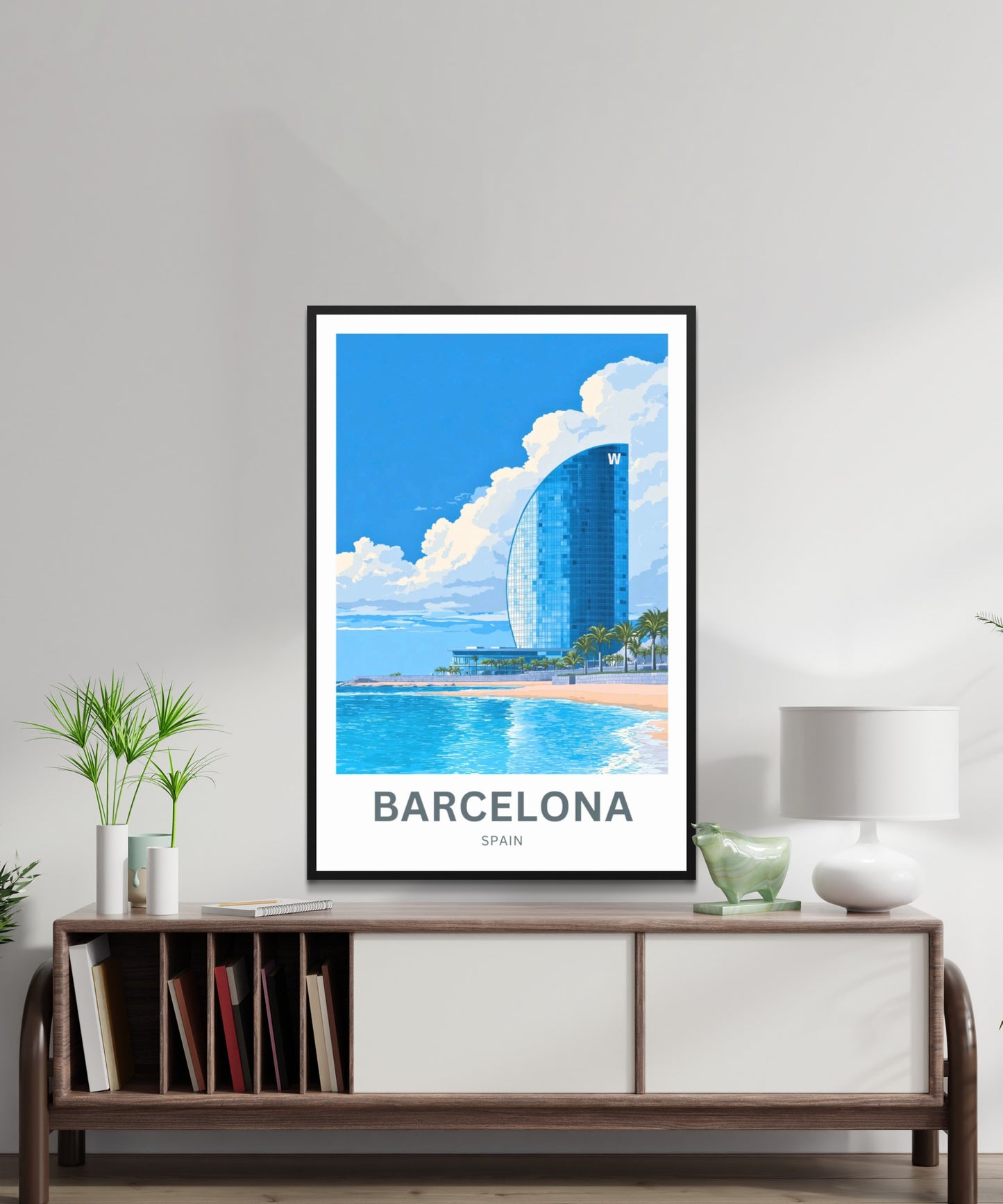 Barcelona Travel Poster  - Glass Tower by the Beach