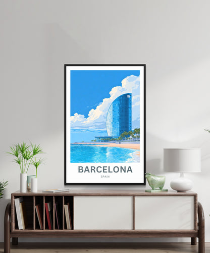 Barcelona Travel Poster  - Glass Tower by the Beach
