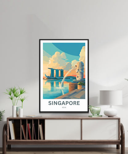 Singapore Travel Poster - Captivating View of Merlion and Sunset