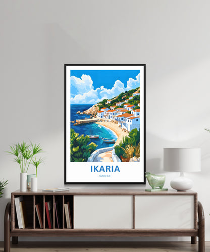 Ikaria Beach Travel Poster  - Whitewashed houses Coastal Life