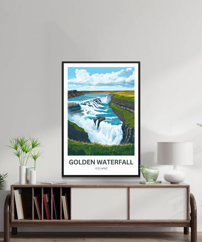 Golden Waterfall Travel Poster - Stunning View of Gullfoss Iceland
